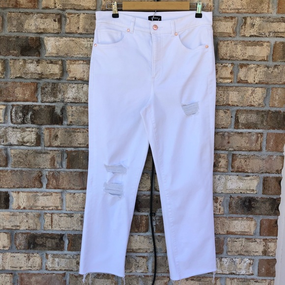 Express Style 06710774 High Waisted White Ripped Straight Raw Hem Ankle Jeans 10 - Picture 2 of 16